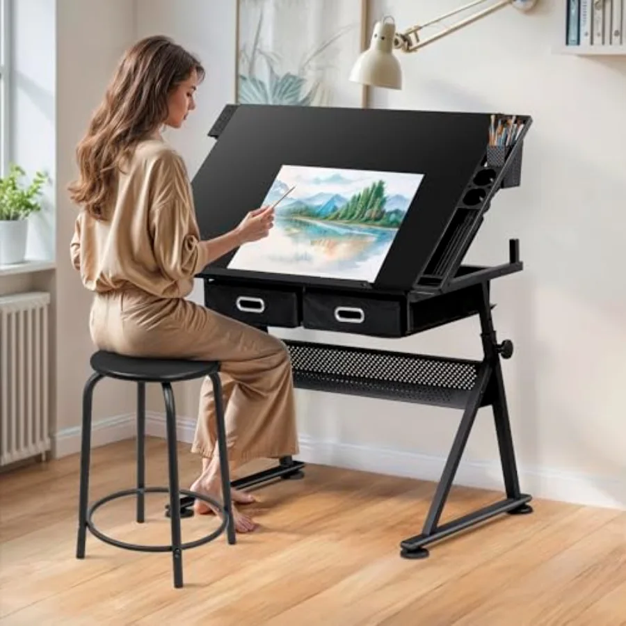 

Drafting Table Drawing Desk w/Power Outlet ArtCraft Work Station Height Adjustable Tilting Tabletop Craft Table Desk w/Stool an