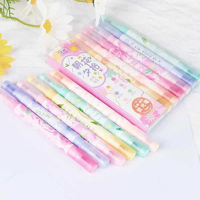 6pc/set Double Head Pastel Color Fragrance Highlighter Kawaii Stationery Color Marker School Supplies Marker Japanese Stationery