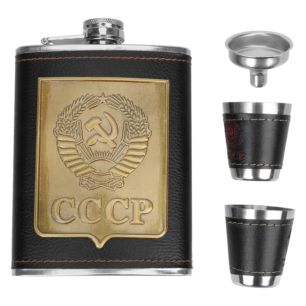 

Whisky Vodka Bottle Kit Hip Flasks CCCP Pattern Anti Slip with Cups Funnel 8oz Stainless Steel Alcohol Wine Container Drinkware