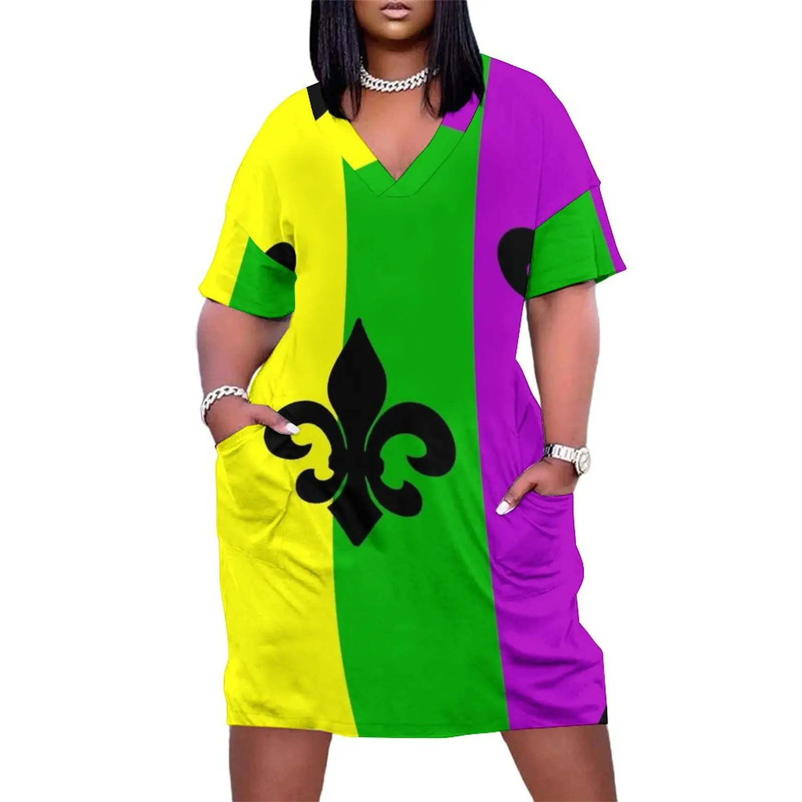 Fleur de Lis with Mardi Gras colors Loose Pocket Dress Woman's evening dress women long dresses fairy dress