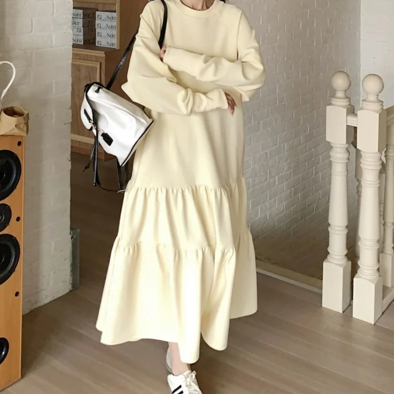 

Lotus Leaf Side Length Sleeves Long Hoodie Dress in Large Size Autumn Loose Fit Slimming A-line