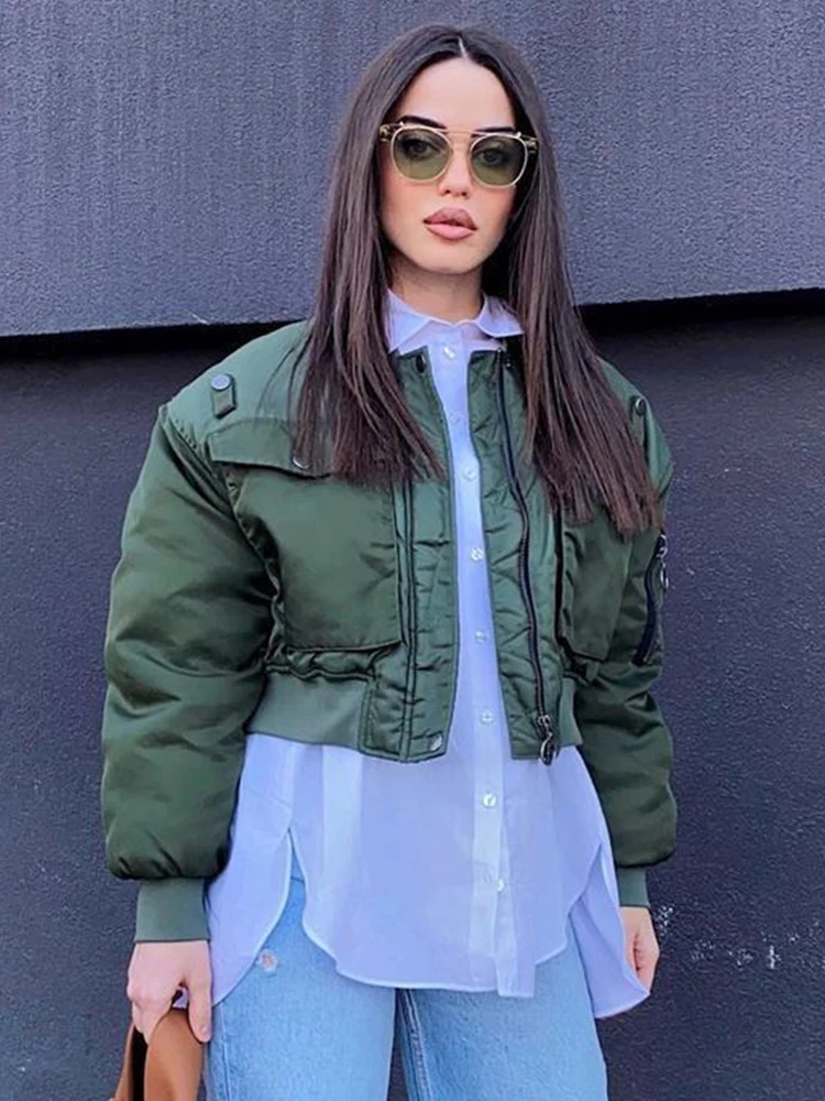 

Женская зимняя утепленная куртка-бомбер SLTNX цвета хаки с длинными рукавами и карманами, повседневная уличная куртка