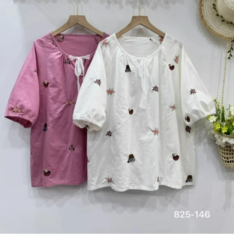 

Women Vintage Mori Girl Flower Embroidery Short Sleeve Cotton Shirts Summer Lace Up O-Neck Casual Loose Pullover Blouse Tops