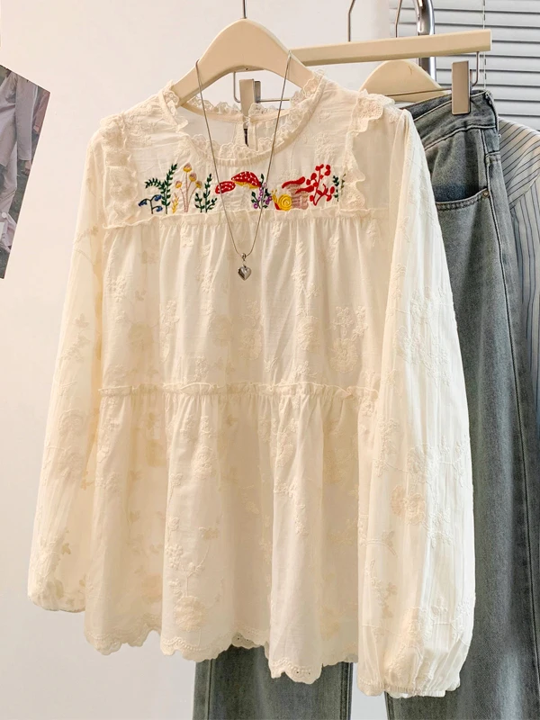 

Sweet Sle Cotton Linen Blend Lace Splicing Hook Embroidery Top Women's Comfortable Breathable Long Sve round Ne irt