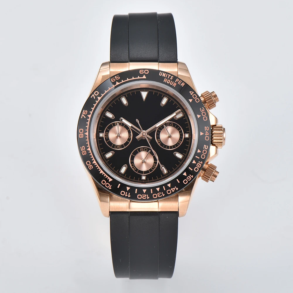 Customizable Logo Rose Gold Stainless Steel Case Panda Three Eyes Quartz Watch Rubber Band VK63 Watch Sapphire Glass