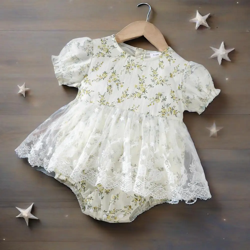 

Summer single piece cute girl leaf flower princess skirt short sleeved mesh clothing children's birthday casual clothing