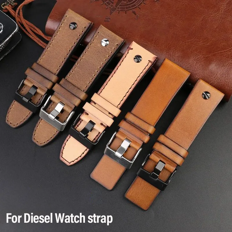 24mm 26mm 28mm Vintage cowhide watch band For Diesel DZ7413 DZ4318 DZ4343 DZ4323 DZ4476 DZ7408 DZ7406 Brown Willow Nail Strap