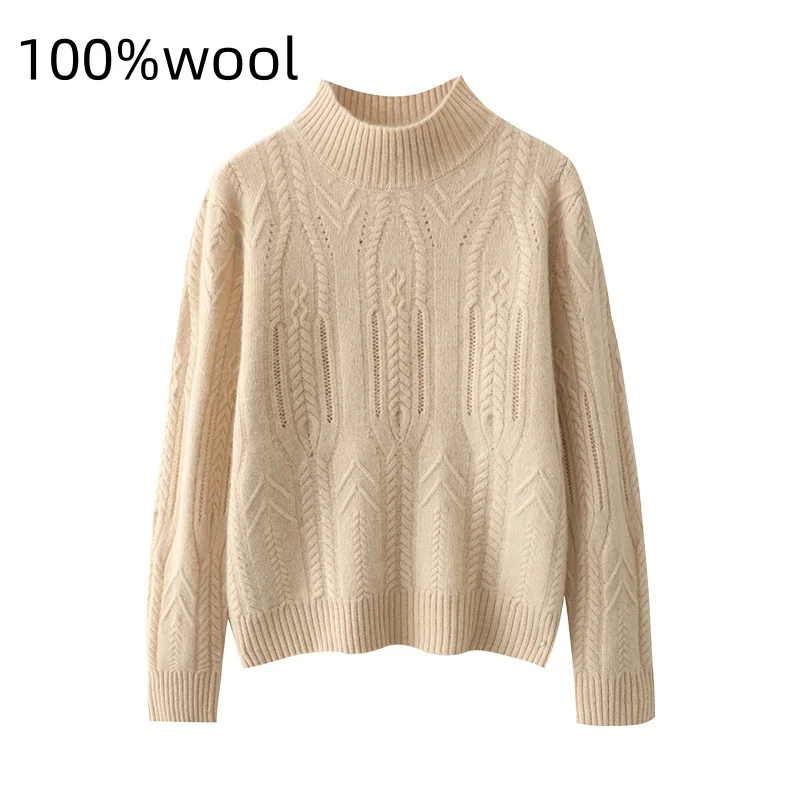 Half Height Hollow Out 100% Pure Wool Sweater For Women's Autumn Winter Long Sleeved Loose French Fashion Knitted Pullover Top