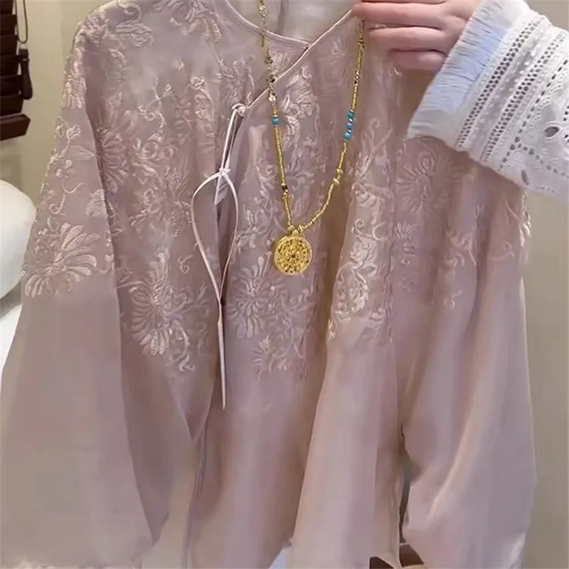 

Chinese Style Pink Organza Floral Embroidery Blouse Women 2025 New Spring See Through Silk Womens Shirt Cardigan Outwear