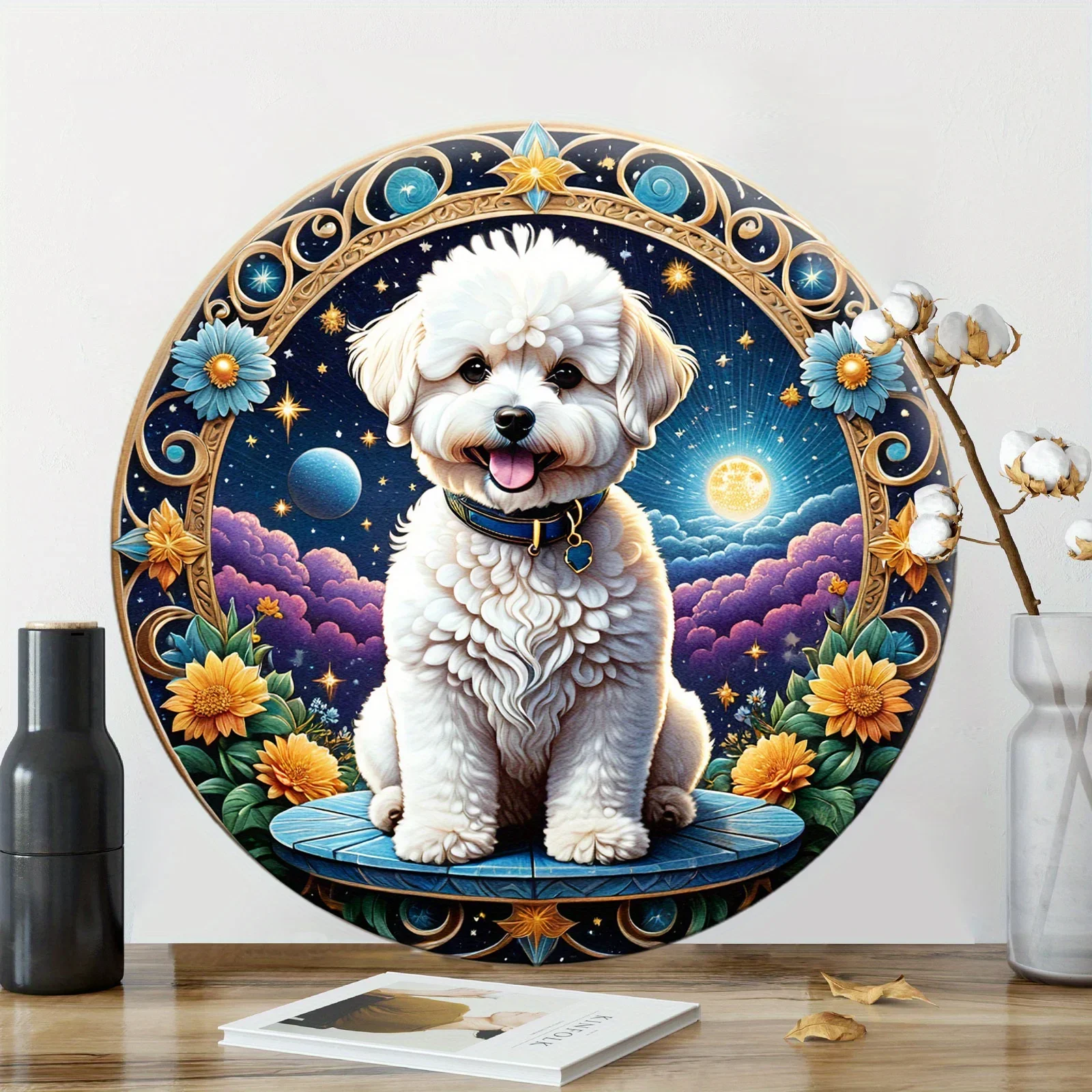 لافتة بيشون فريز مطلية مجعدة، لافتة دائرية لطيفة على شكل كلب، معلقة على الحائط، (20 * 20 سم) ديكور، ديكور المقهى، هدايا نسائية. المرآب #1