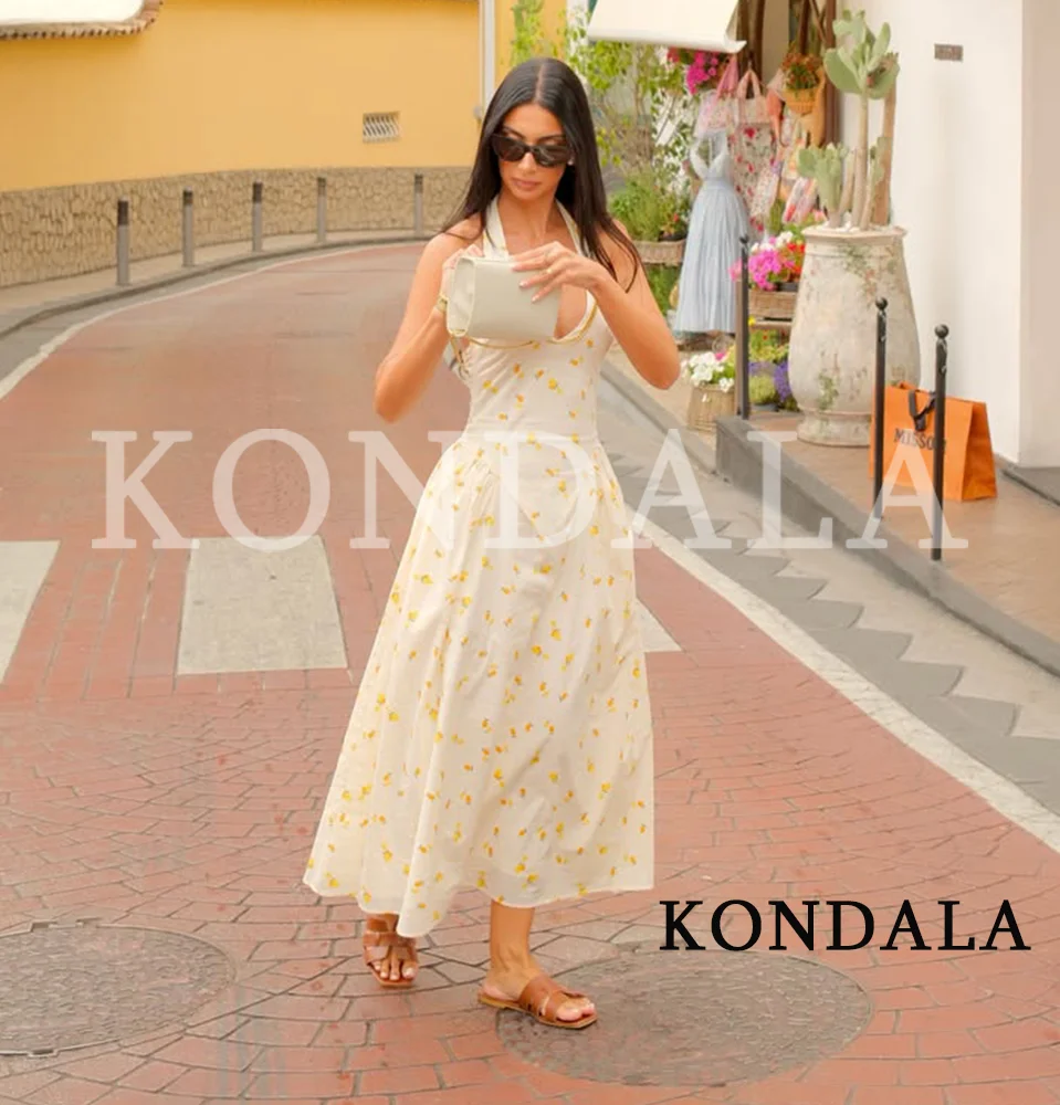 KONDALA Damen Trendiges Blumenmuster Neckholder Midikleid Romantisches Rückenfreies Langes Kleid 2026 Frühling Sommer Urlaub Date Schlankes Damenkleid
