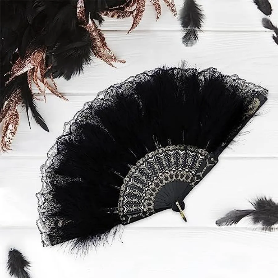 Black feather fan, 1920s hand fan, lace retro feather fan, lace feather fan, 1920s women's clothing, dance performance, wedding