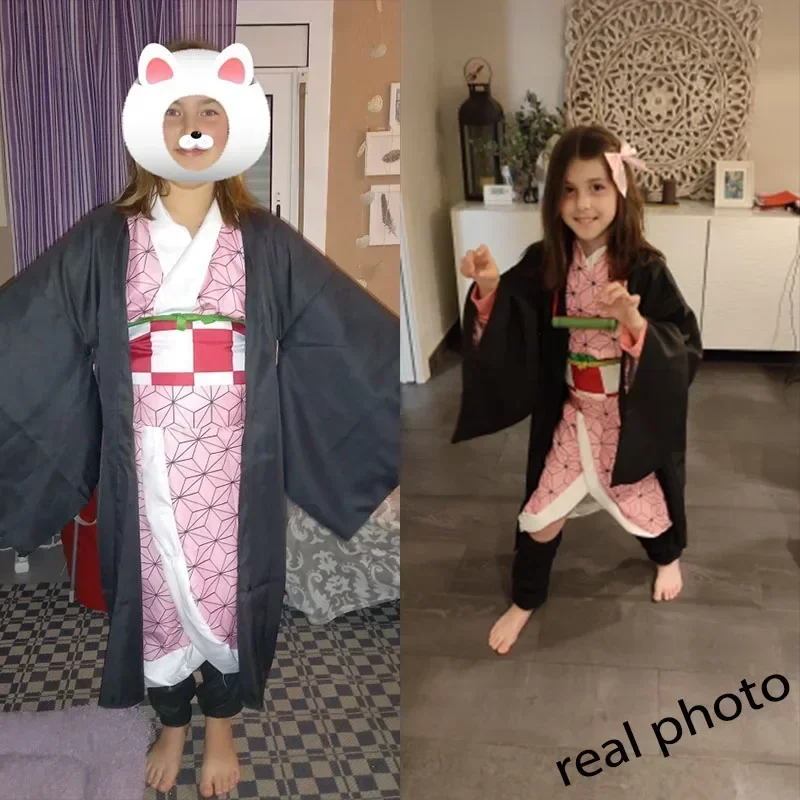 Demon Slayer Kamado Nezuko Anime Cosplay Traje, roupas uniformes, peruca de quimono, sapatos de dente para Halloween Carnival Party, adulto e infantil
