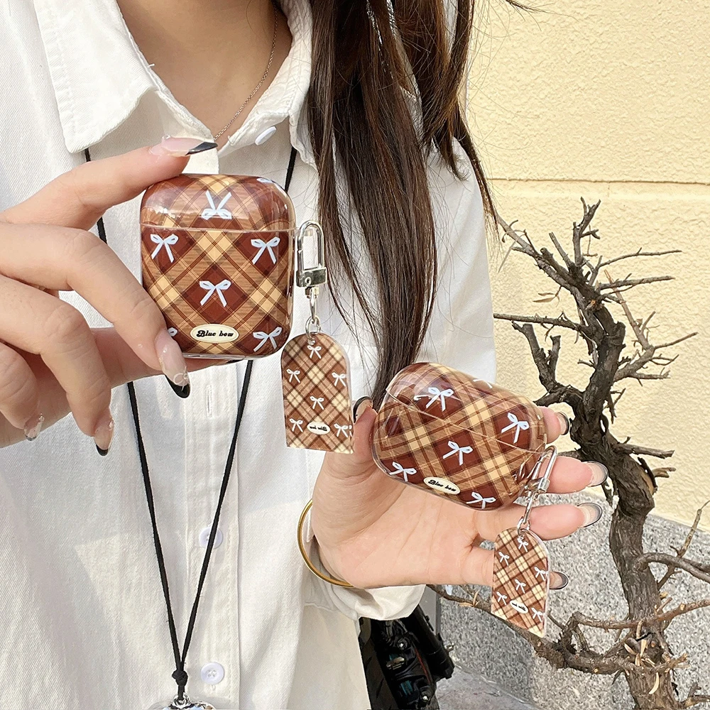 Ins Girl Brown Plaid Bow Pattern Keychain Tag Shockproof Headphone Case for AirPods 1 2 Pro 3 4 Anti-drop Hard PC Case