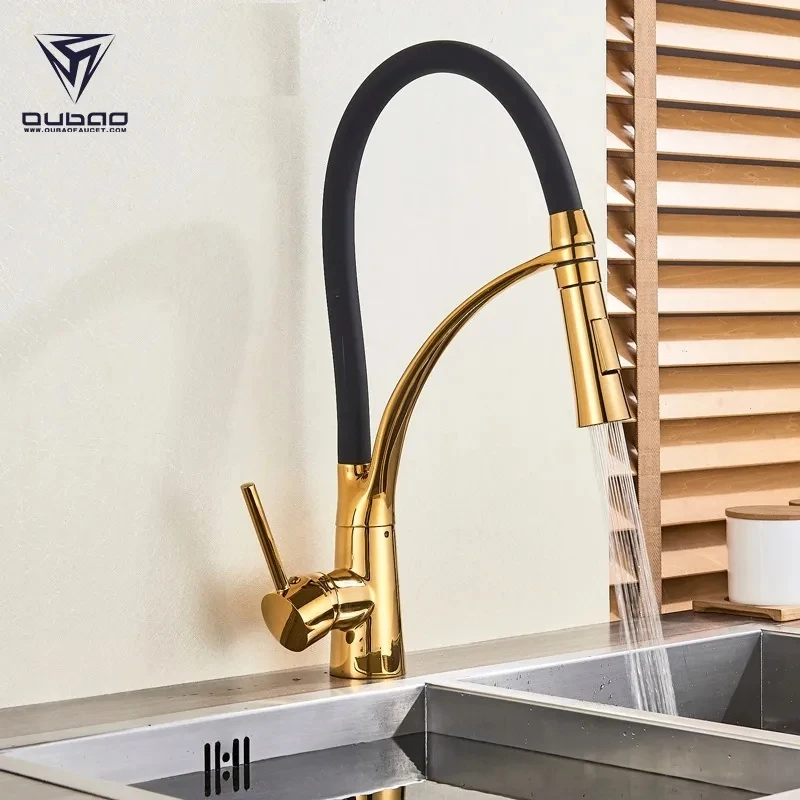 High Quality Gold Brass Kitchen sink faucet Hot Cold Single Lever Flexible Silicone Pull Out Golden luxury Kitchen Sink Tap