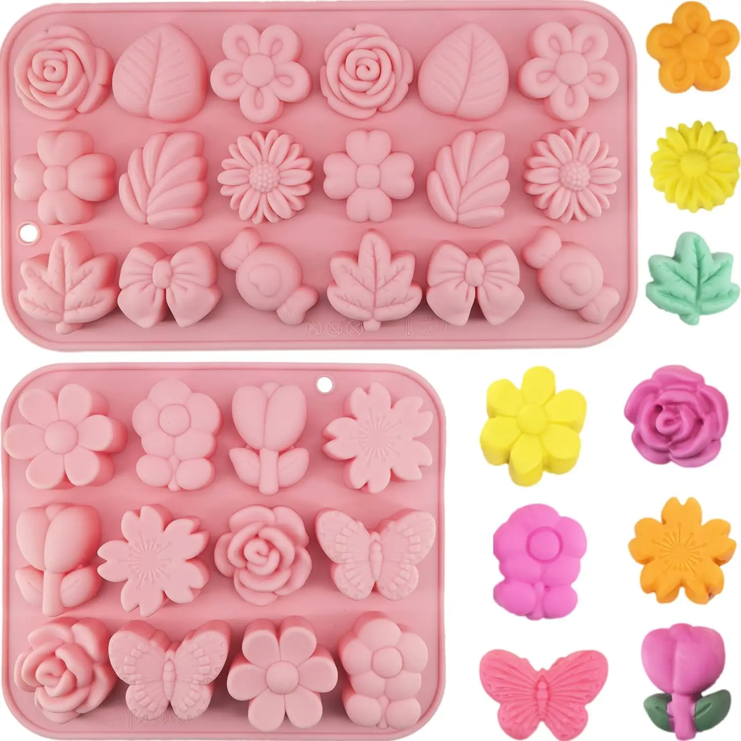 

2 Pack Flower Silicone Molds Daisy Flower Chocolate Mould Rose Floral Leaf Bow Butterfly Candy Baking Mold Cake Decorating Tools
