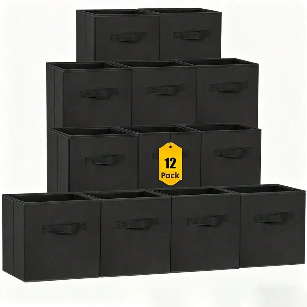 12Pack Foldable Storage Bins Collapsible Closet Toy Organization Boxes Space Saving Fabric Cubes For Shelves Black