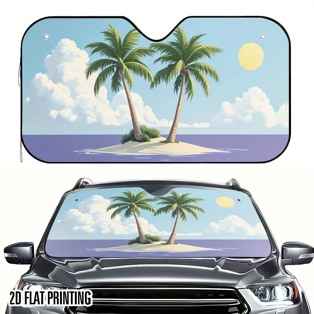 1pc 2D Flat Palm Beach Painting Design Car Sunshade – Foldable & Stylish, Keeps Your Vehicle Cool, Perfect For SUVs, Sedans, Van