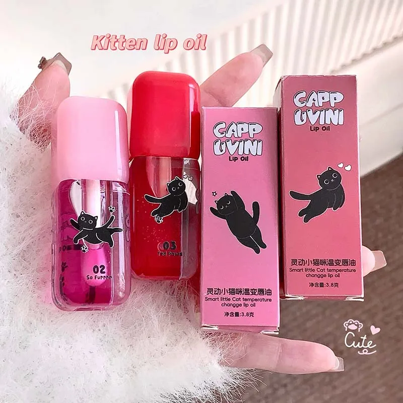 Cappuvini Cat temperatuurveranderende lipolie Verdunt liplijnen met transparante fijne glitterlipgloss om stekelige lip te creëren