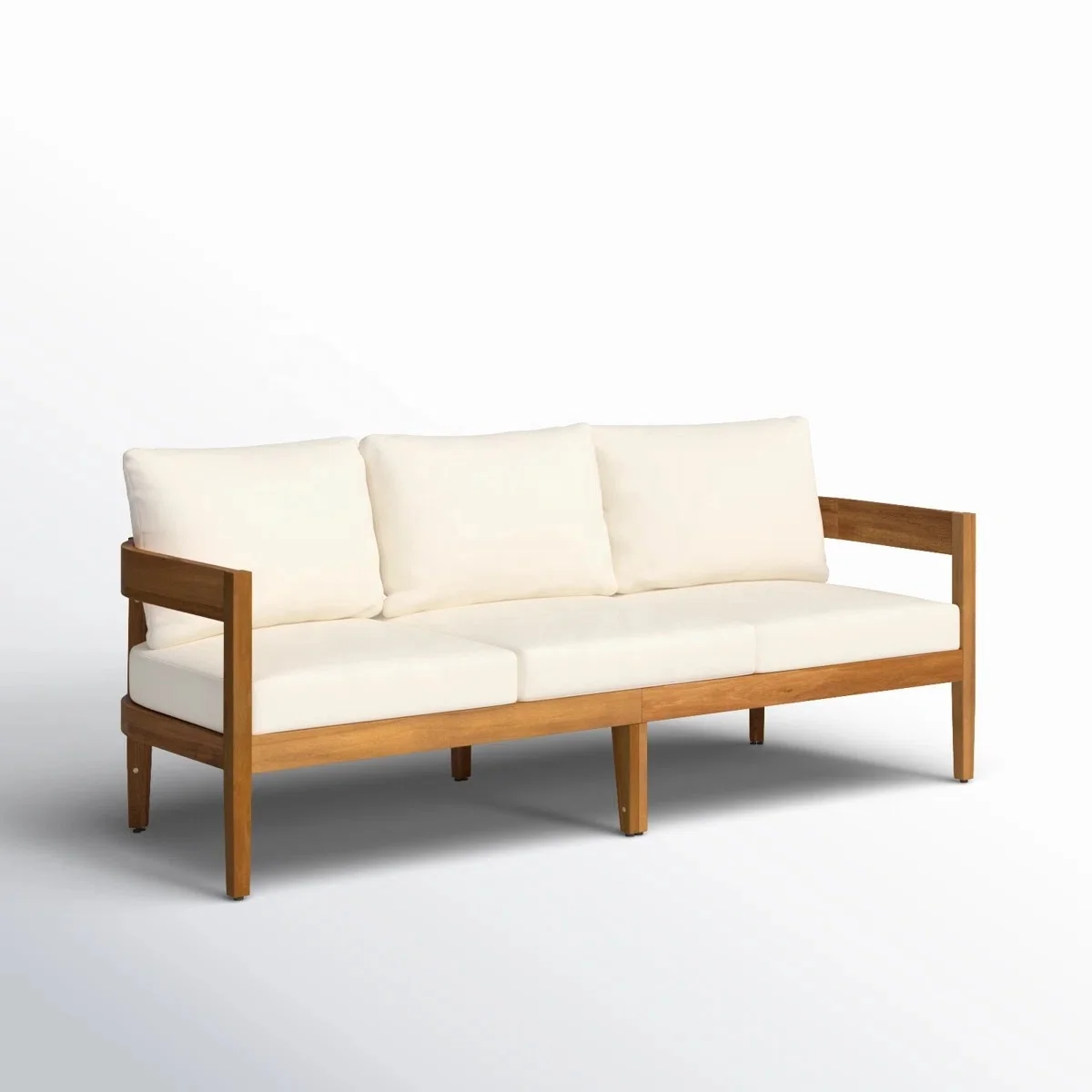 

#Modern 3-Seater Outdoor Teak Wood Sofa Set Light Beige Cushions with White Side Table Weather Resistant Patio Furniture Garden