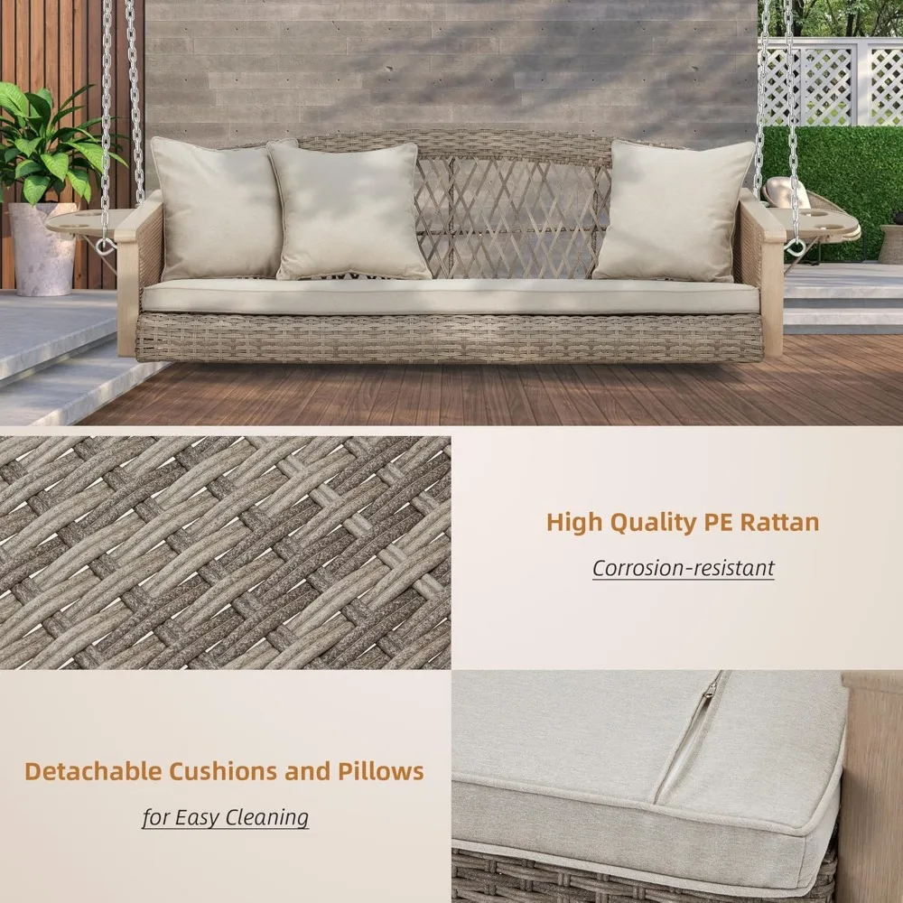 3-Person Wicker Porch Swing with Upgraded Cup Holder, 55 Inch Patio Hanging Swing Bench Chair with Cushions 900lbs Capacity