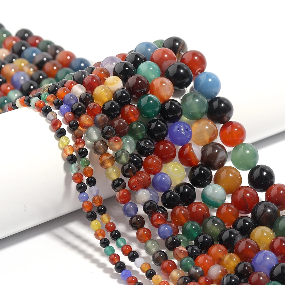 Natürliche Achat-Stein-Perlen, 4, 6, 8, 10, 12 mm, bunte runde lose Distanzperlen für Schmuckherstellung, DIY-Armbänder, Halsketten-Zubehör