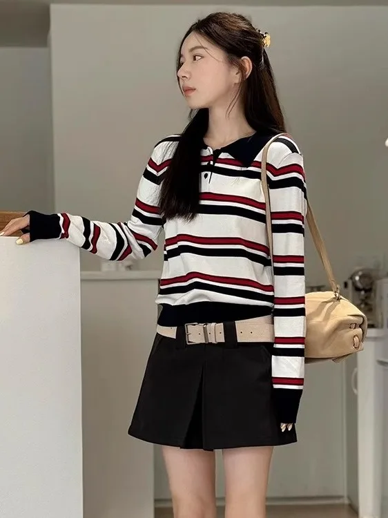 أنيقة كلية Sle المرأة طويلة Sve تريكو Ne مخطط الأعلى الكورية أوائل الخريف Faion فريد زلة الجزء العلوي من الجسم