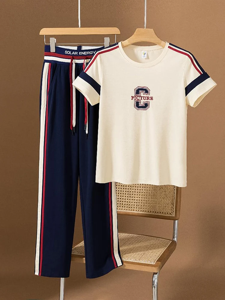 

2026 Summer New Ladies Sportswear Set Small Size Casual Elegance High-End Feeling Two-Piece Set plus Size Pure Cotton