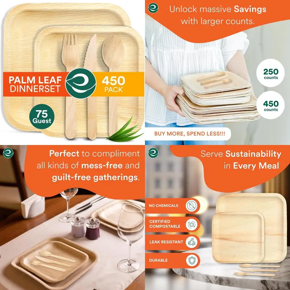 

100% биоразлагаемый набор столовой посуды из пальмовых листьев, 75, 10 квадратных тарелок, 75, столовые приборы в комплекте, экологически чистые одноразовые тарелки