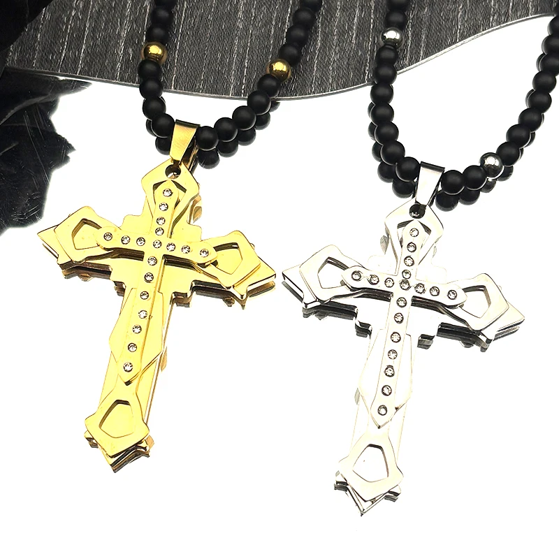 

Christian Rhinestones Multi-layer Cross Pendant Necklace for Women Men Gold Color Stainless Steel Stones Beaded Chain Jewelry
