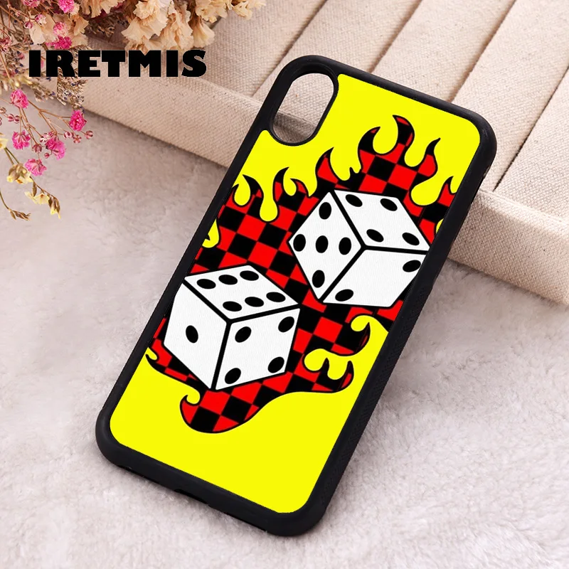 Iretmis Phone Cover Case For iPhone X XS Max XR 11 12 13 PRO MINI 14 15 16 Plus Rubber Silicone Dice Fire flame Checkboard