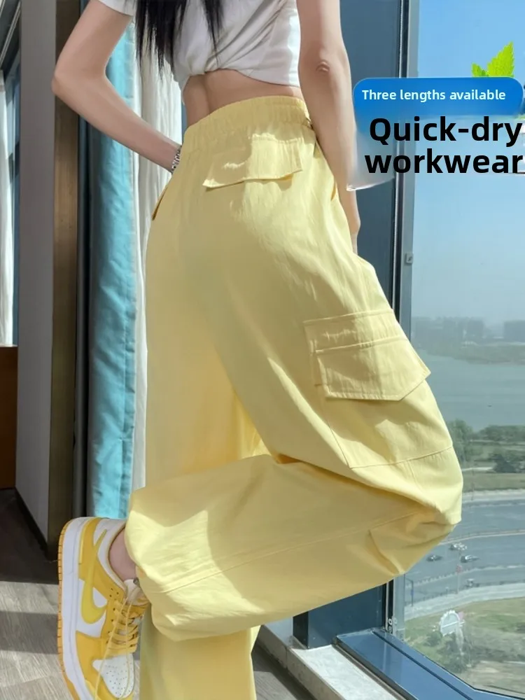 Spodnie z wysokim stanem, z cienkiego jedwabiu lodowego, bawełny i lnu, z szerokimi nogawkami, sportowe, uniwersalne, dla wyższych kobiet, nowe na lato, eleganckie, do pracy, w stylu koreańskim.