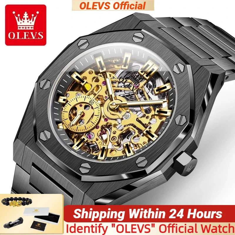 

OLEVS 6669, высококачественные автоматические мужские часы, черные водонепроницаемые полые оригинальные механические часы из нержавеющей стали для мужчин
