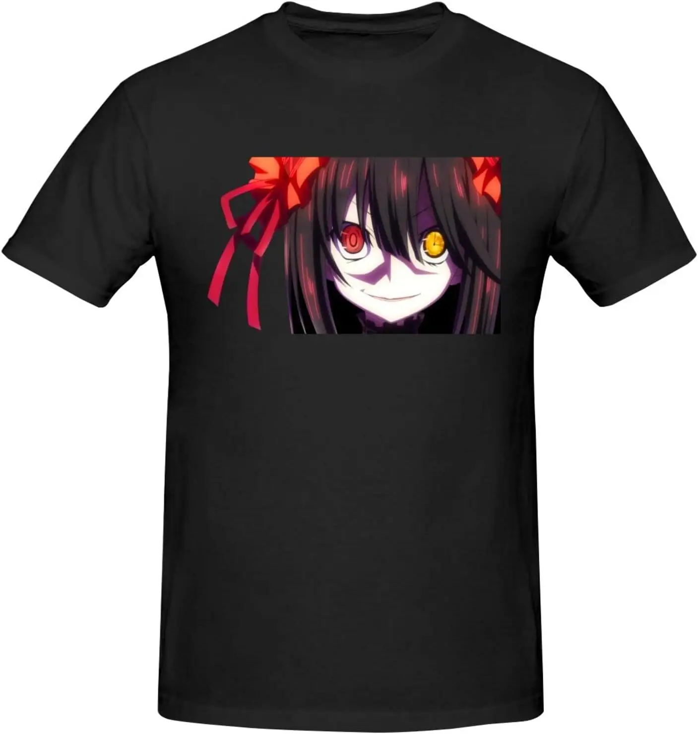 Date A Live Tokisaki Kurumi Men's T-Shirts Cotton Short Sleeve Crew Neck Fashion Graphic Print Tees Black