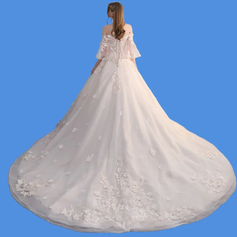 Ready Stock Wedding Dress 2024 New Lace One Shoulder Summer New Bridal Long-Sleeved Wedding Dress