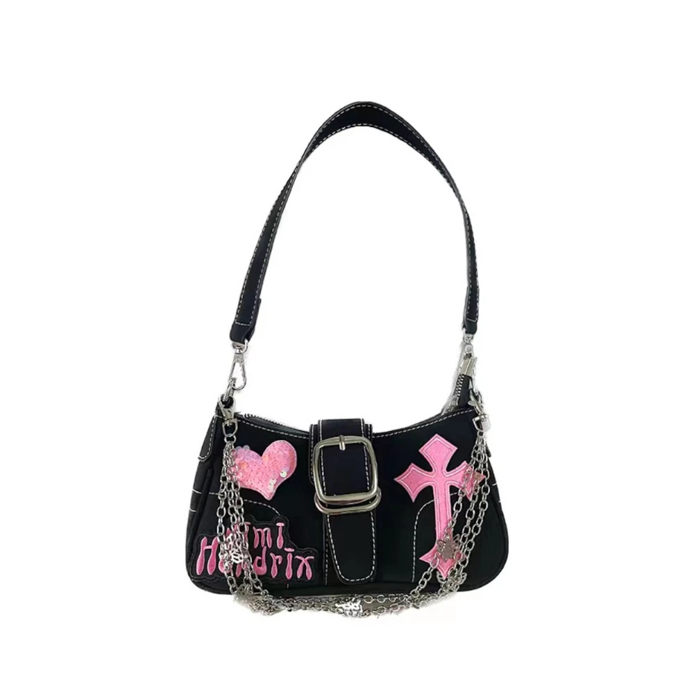 Bolso de charol negro con cadena pequeña para mujer, bolso de mano con hebilla de Metal y corazón cruzado rosa, estilo Preppy, Y2K, 2023