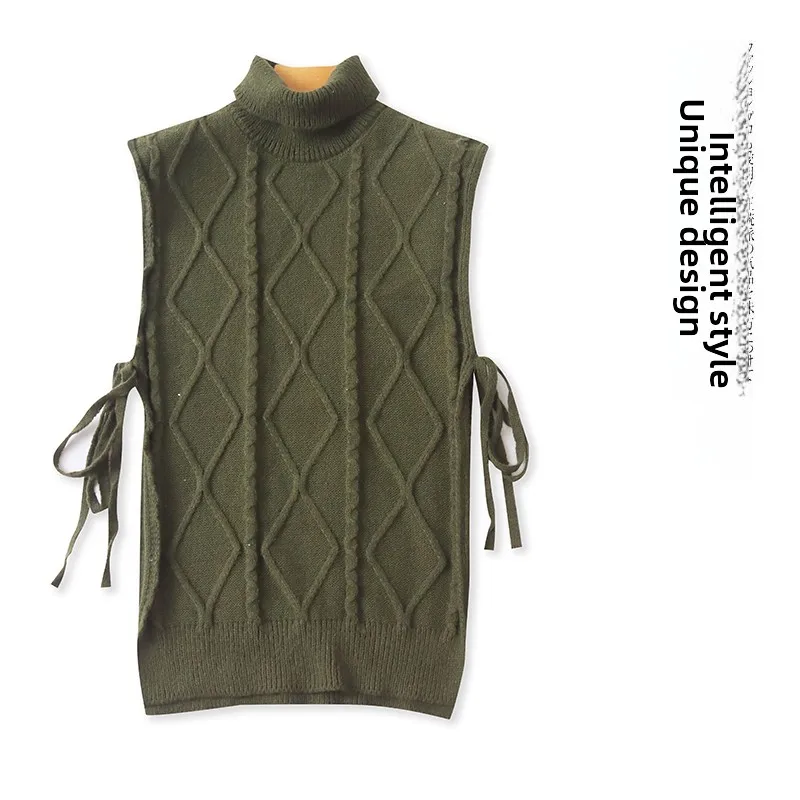 

Fashionable High Collar Sleeveless Knitted Sweater with Belt Spring Autumn Women's Straight Legged No Sleeve High Collar Sweater