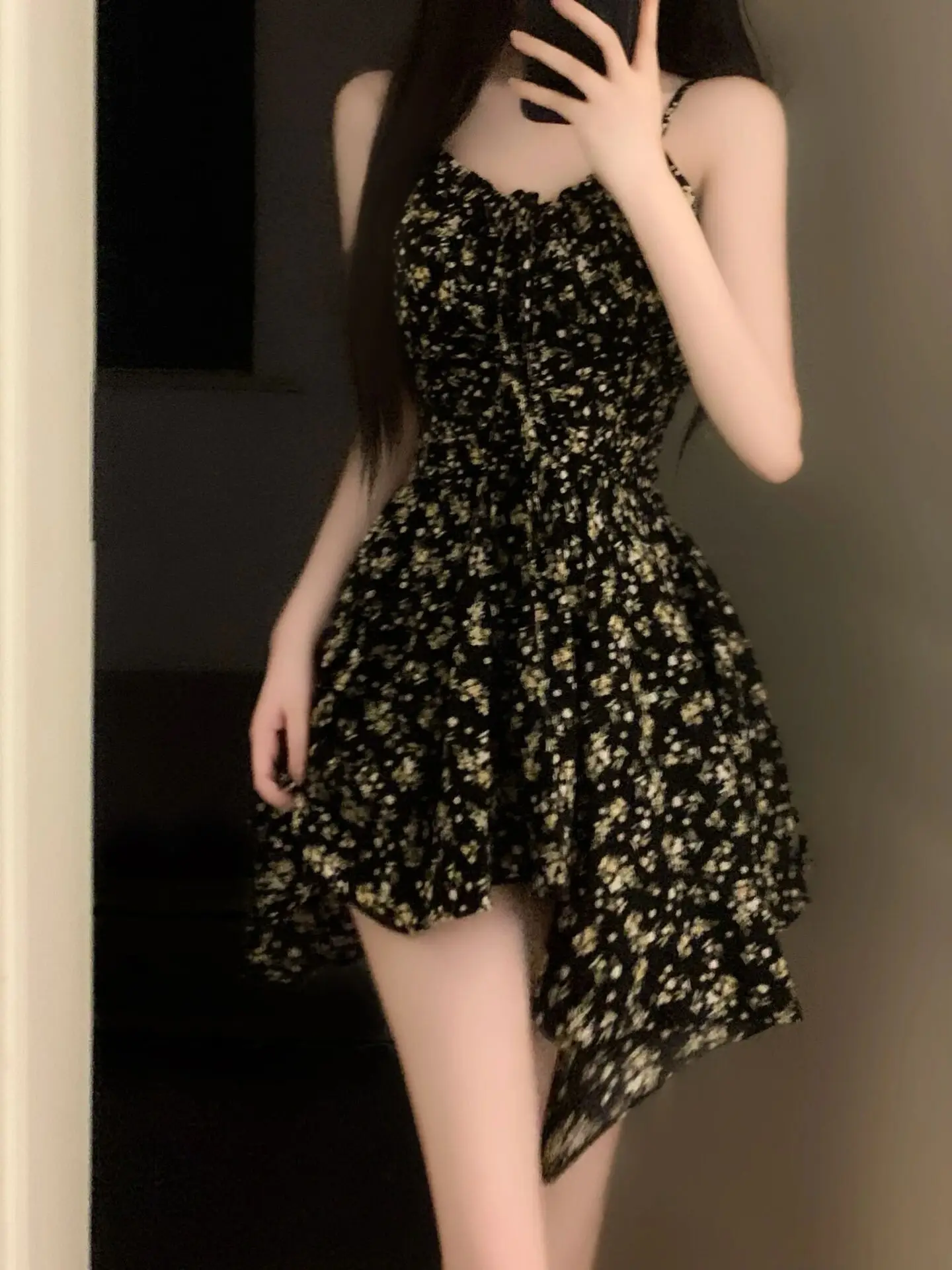 Franse onregelmatige zwarte bloemen jarretel dames zomer taille-knuffelende sexy jurk