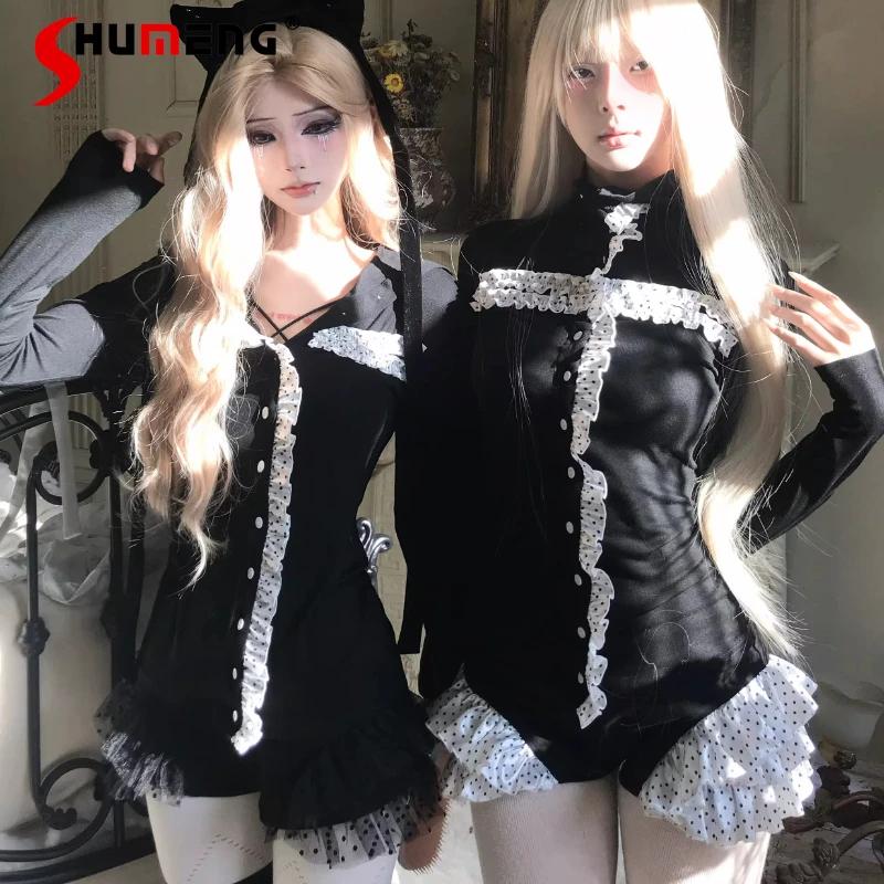 

Японский кардиган в стиле Лолита с оригинальным крестообразным узором в горошек, с высоким воротником и пуговицами, черный, с эффектом многослойности, топ-футболка, пуловер, стильная одежда Y2K