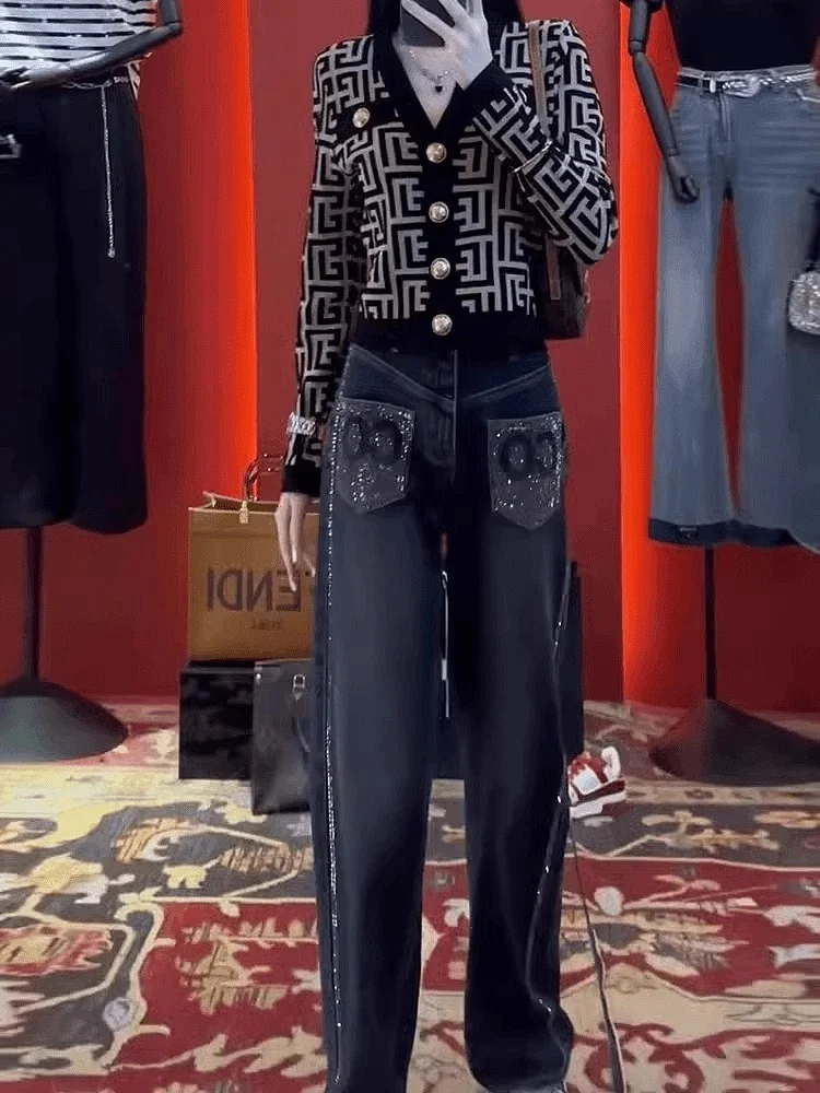 Cintura alta solta ajuste emagrecimento strass denim jeans feminino casual calças compridas outono coleção perna reta mistura de algodão azul