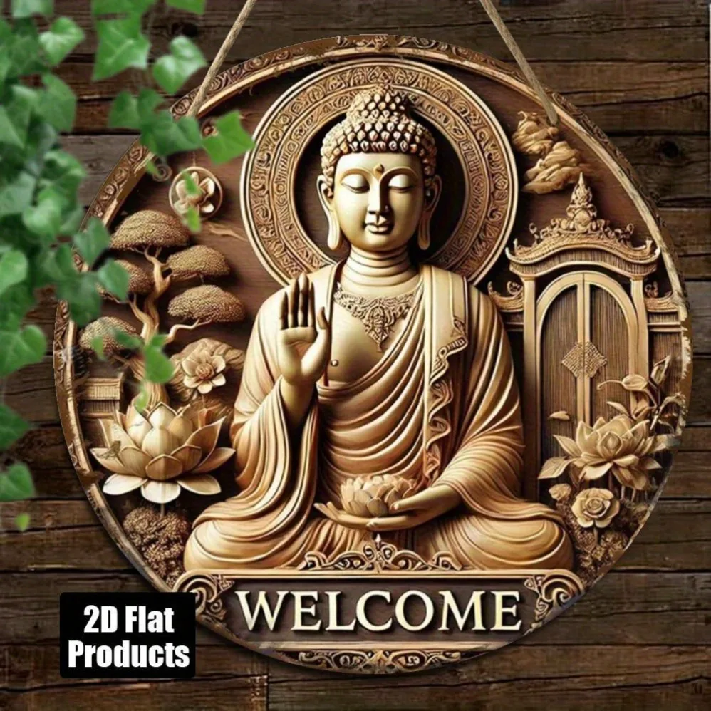 

2D Flat,Serene Buddha & Floral Design, Golden Lettering onCafe, Studio - Spiritual Gift for Peace & Tranquility, Cafe Decoration
