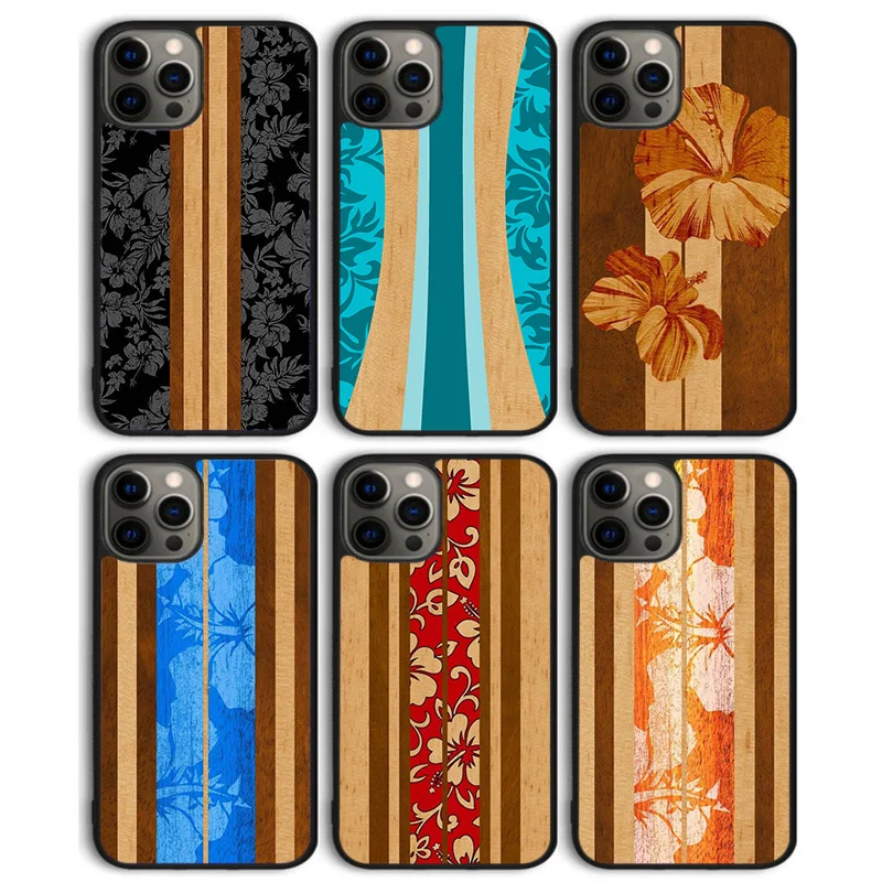 Hawaiian Faux Wood Surfboard Phone Case Cover For iPhone 16 15 SE2020 14 Plus 11 Pro Max 13 Pro Max 12 mini X XS Max XR Coque