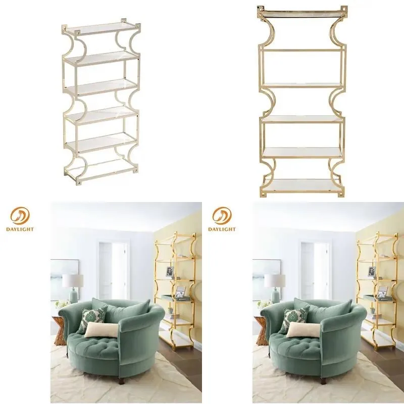 Modern Luxury Corner Bookshelf Gold Stainless Steel Display Stand with Tempered Glass for Home Decoration