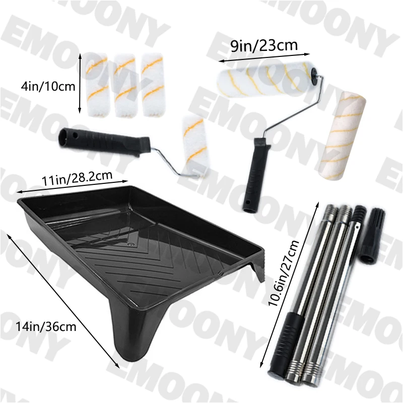 Conjunto de ferramentas de rolo de pintura de 9 polegadas, rolo de bandeja de pintura, haste de extensão de estrutura de rolo de cobertura de cabelo