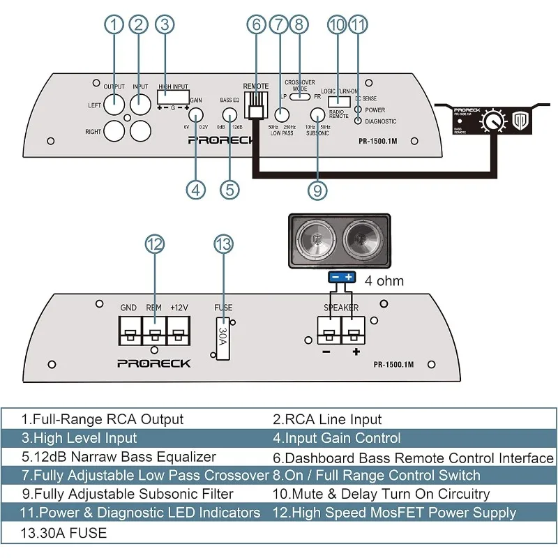PR-122M Custodia audio per subwoofer per auto doppia da 1500 W da 12 pollici con subwoofer, amplificatore mono block e kit di installazione cablaggio