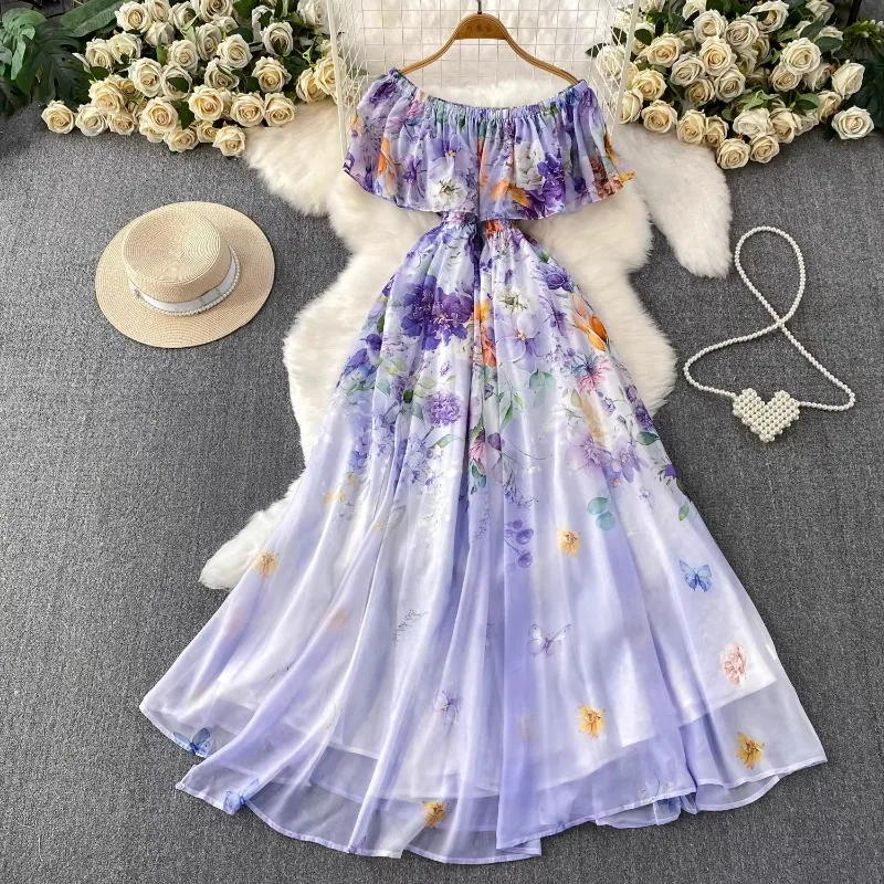 

2026 French Elegant Maxi Dresses Women's Slash-neck Short-sleeve Ruffled Dress Elastic Waist Slim Chiffon Printed A-line Dresses