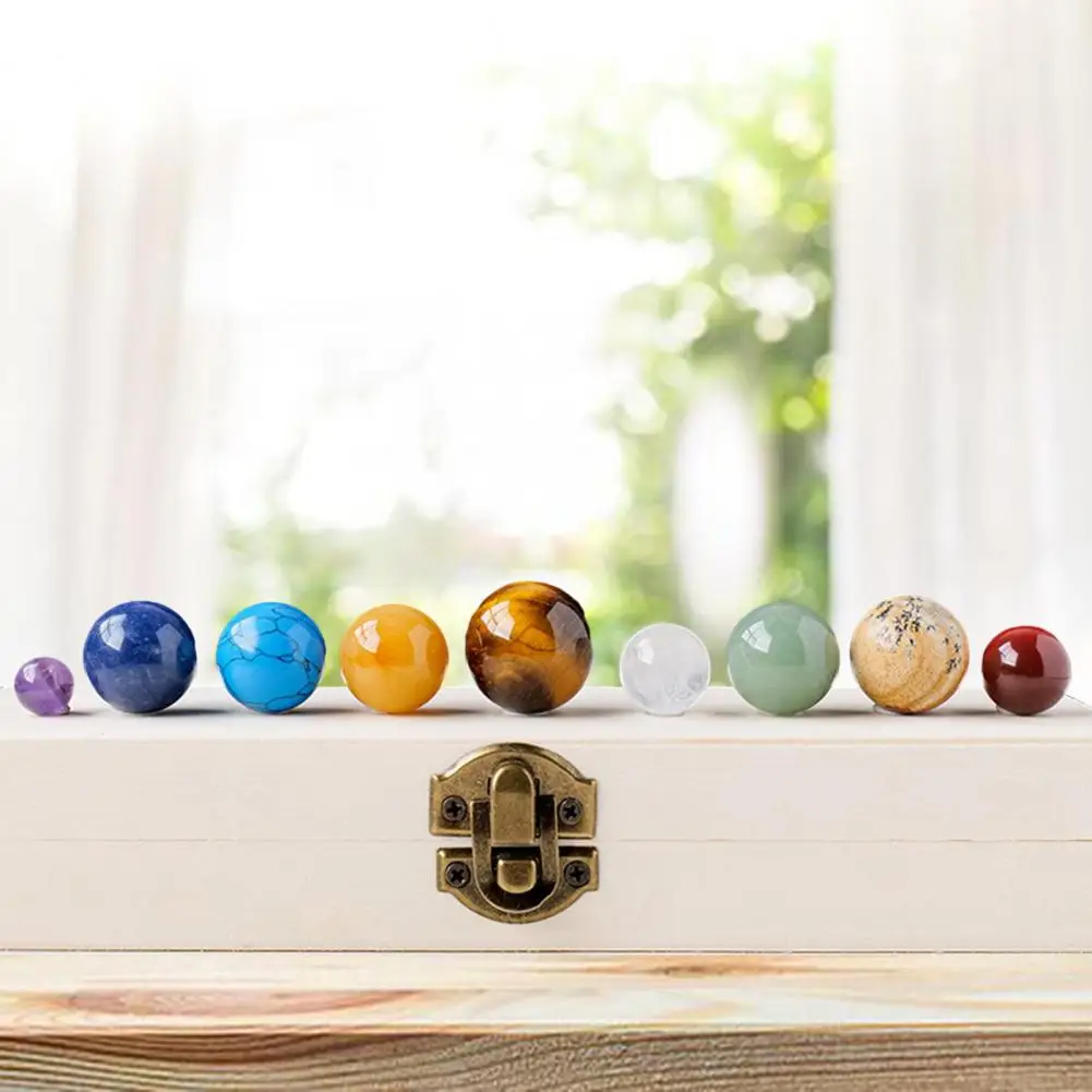 Natural Crystal 9 Planets Ball Solar Sun System Rock Quartz Stones with Wooden Box  Quartz Stones Beads Desktop Decoration