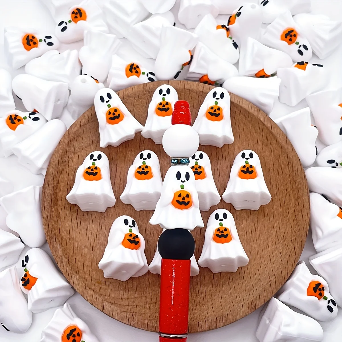 10pcs 3D Halloween Silicone Beads. Ghost & pumpkin designs for DIY crafts, lanyards & keychains.