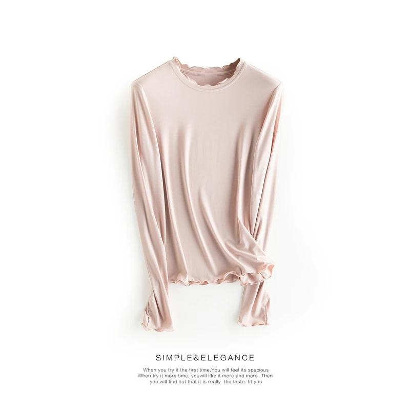 

Autumn Ruffled Edge T-Shirt Women 6% Mulberry Silk Non-Ironing Slim Long Sleeve Bottoming Tops