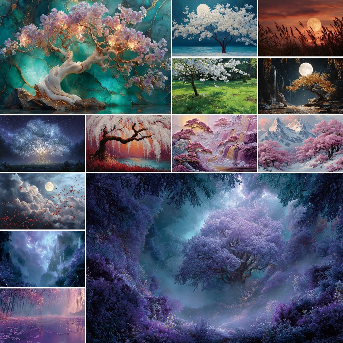 

MOON.QG Enchanted Forest Blossom Branch Floral Field Mystical Tree Background Backdrop Children Photozone Portrait Photography